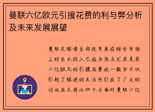 曼联六亿欧元引援花费的利与弊分析及未来发展展望