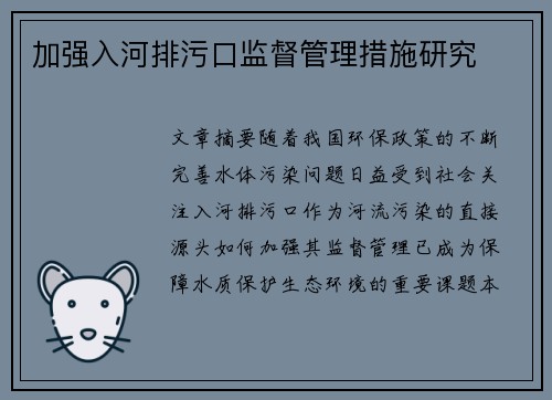 加强入河排污口监督管理措施研究