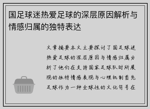 国足球迷热爱足球的深层原因解析与情感归属的独特表达